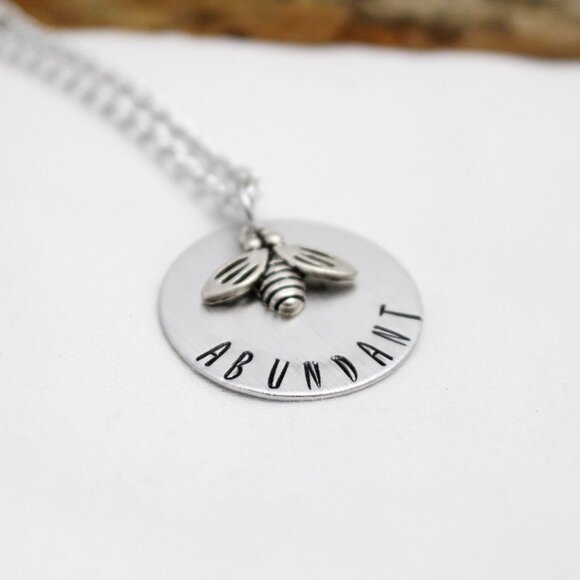 Bee Abundant - Hand Stamped Pendant Necklace - Handmade & Hypoallergenic - Picture 4 of 6